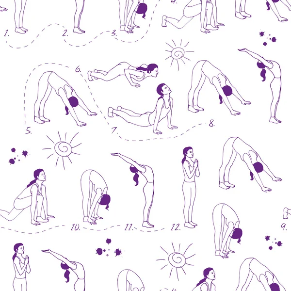 Poses de yoga fond sans couture . — Image vectorielle