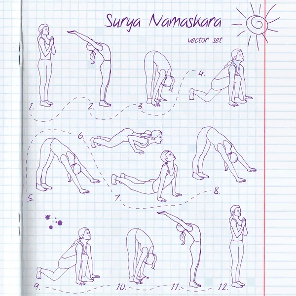 Surya Namaskara. Zestaw do jogi. — Wektor stockowy