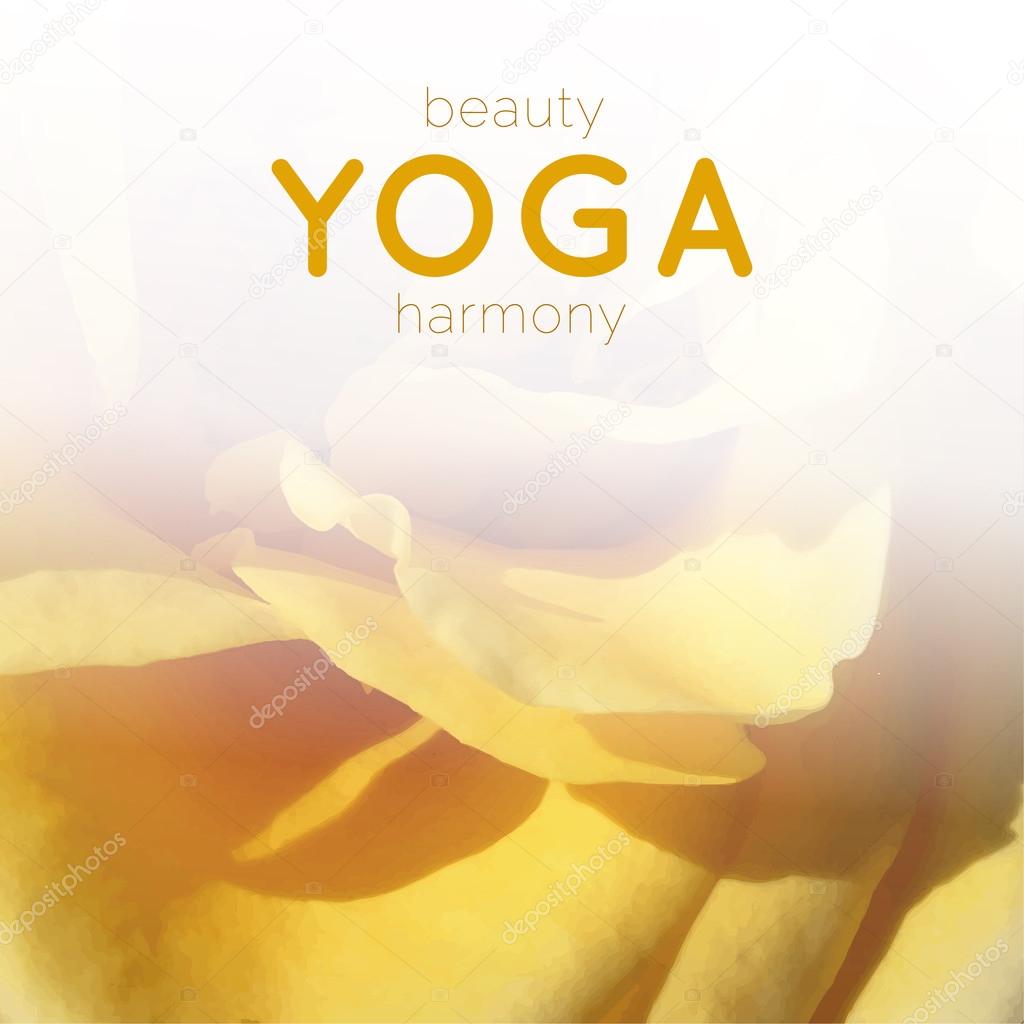 Vector yoga illustration. Name of yoga studio on a floral background. Yoga class motto. Yoga sticker. Yoga poster. Yoga exercises, recreation, healthy lifestyle. Poster for yoga class with yellow rose