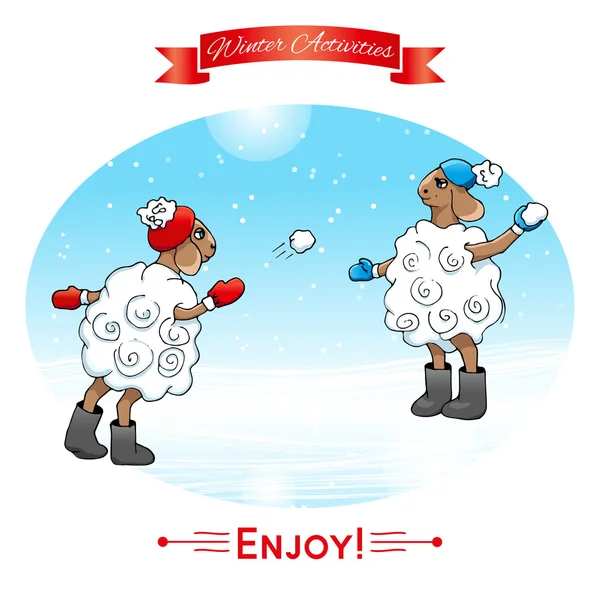 Schapen spelen sneeuwballen — Stockvector