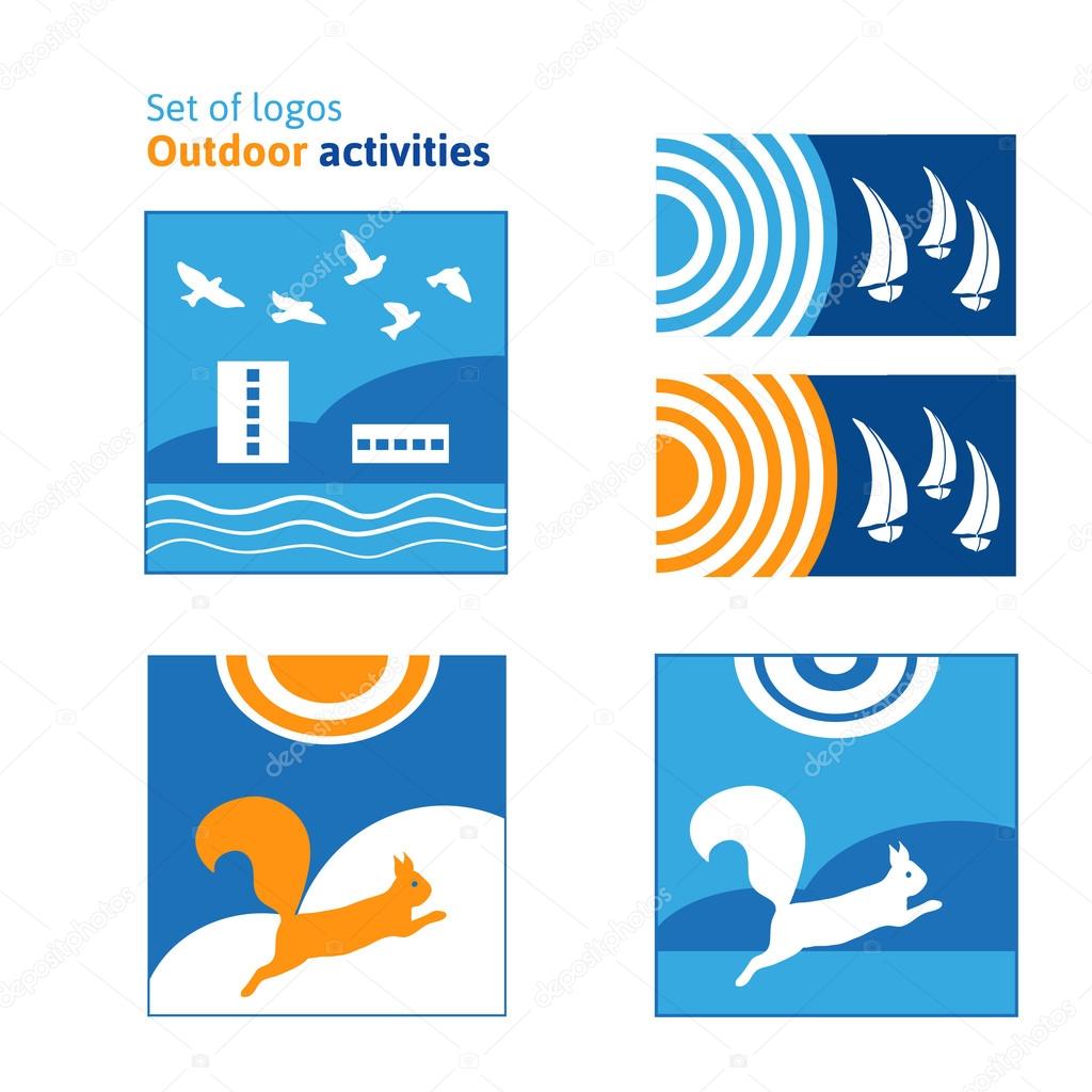 Set of logos Outdoor Activities. Rest, outdoor recreation. Vacation outdoors. Regatta, sailboats. Travel, hike. Vector illustration.