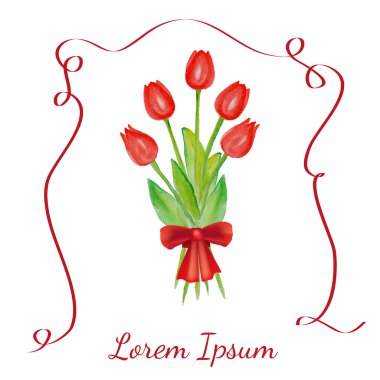 Kırmızı kurdele ile Lale buketi