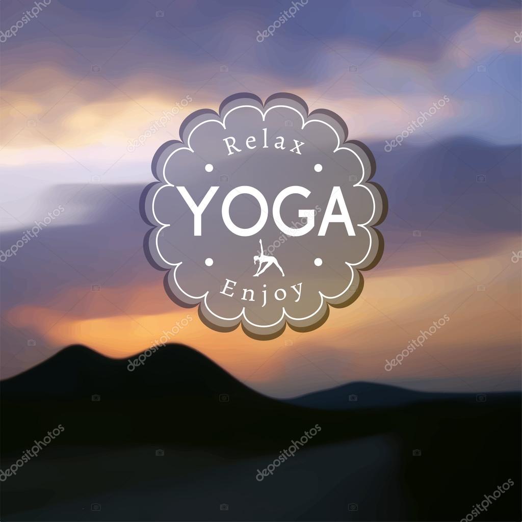Vector yoga illustration. Name of yoga studio on a blurred hills background. Poster for yoga class with a sunset photo background