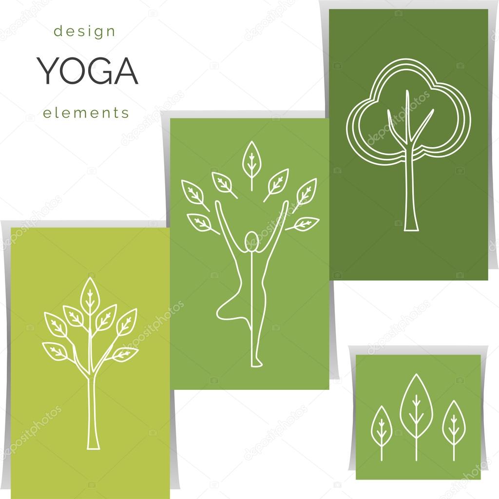 Vector yoga illustration. Set of linear yoga icons, yoga logos in outline style. Design elements for yoga poster.