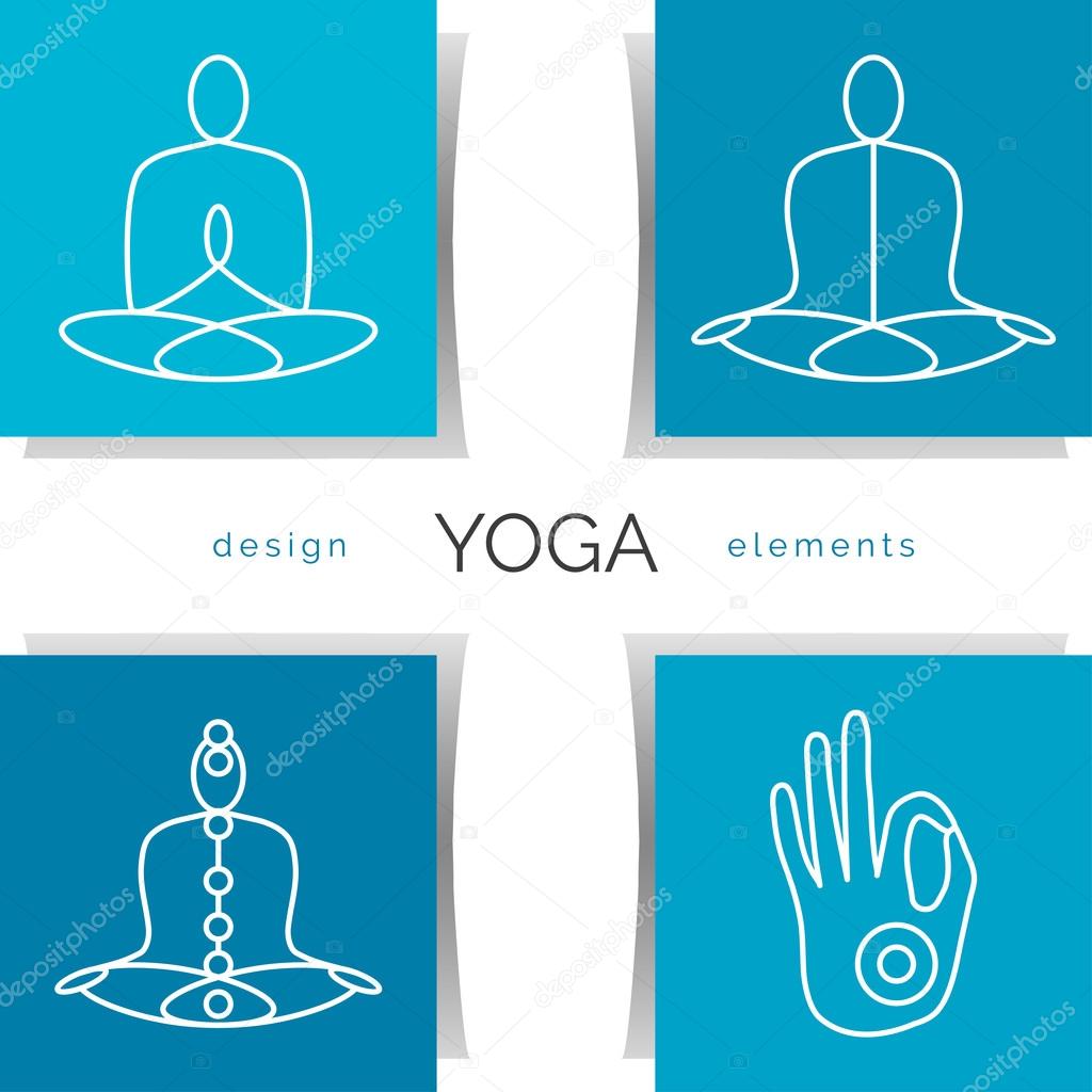 Vector yoga illustration. Set of linear yoga icons, yoga logos in outline style. Design elements for yoga poster.