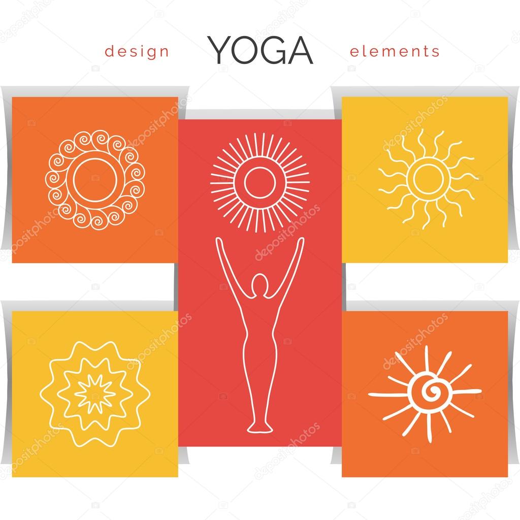 Vector yoga illustration. Set of linear yoga icons, yoga logos in outline style. Design elements for yoga poster.