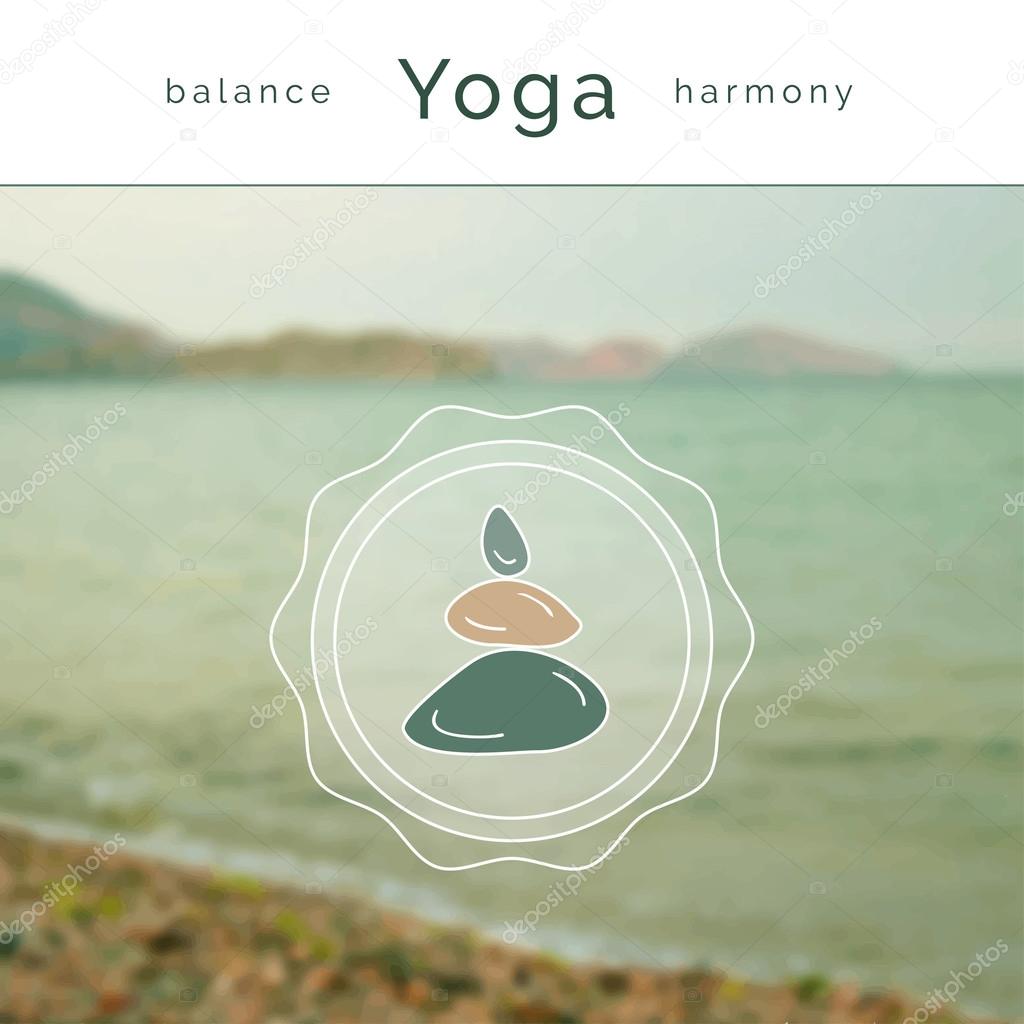 Vector yoga illustration. Poster for yoga class with a sea view. Linear yoga icon, yoga logo in outline style. Yoga class motto. Blurred photo background. Yoga studio. Fitness center.