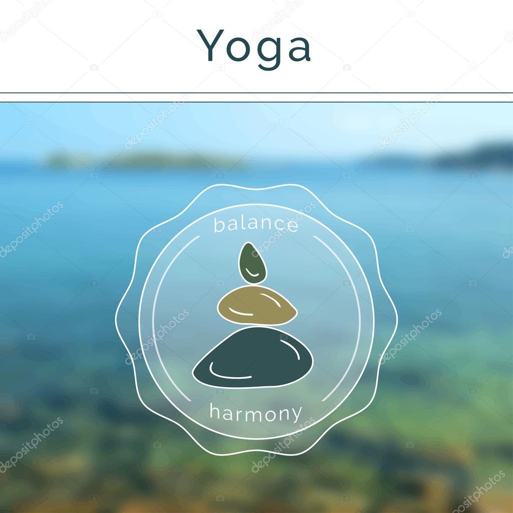 Vector yoga illustration. Poster for yoga class with a sea view. Linear yoga icon, yoga logo in outline style. Yoga class motto. Blurred photo background. Yoga studio. Fitness center.