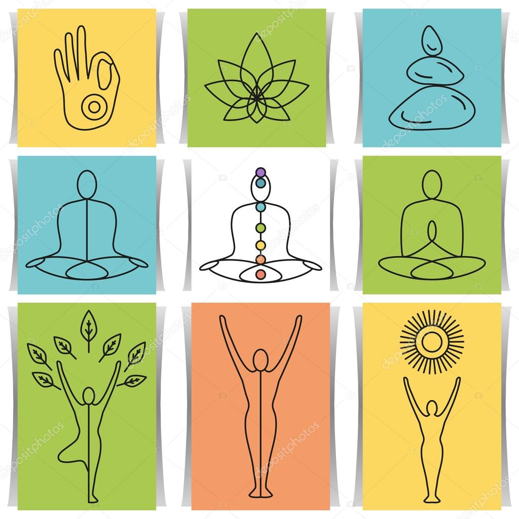 Vector yoga illustration. Set of linear yoga icons, yoga logos in outline style. Design elements for yoga poster. Yoga class, yoga center, yoga studio, spa center. Yoga sticker. Yoga symbols.