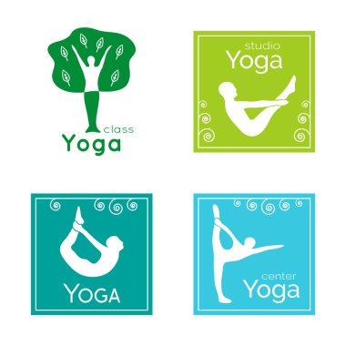 Set of yoga logos. Silhouettes of people in yoga poses.