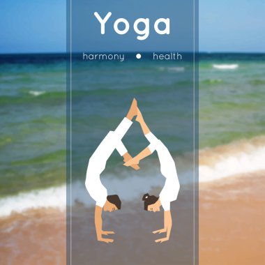 Yoga poster with couple of man and woman in the yoga pose on a blurred photo background.