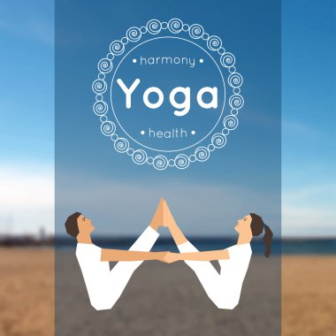 Yoga poster with couple of man and woman in the yoga pose on a blurred photo background.
