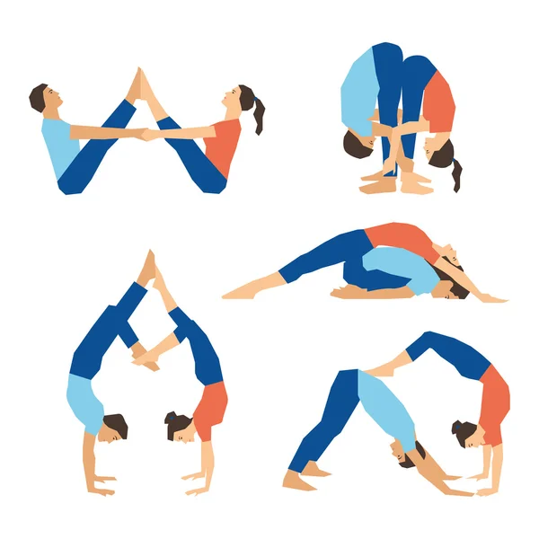 Set de asanas de yoga para pareja de yoga sobre un fondo blanco . — Archivo Imágenes Vectoriales