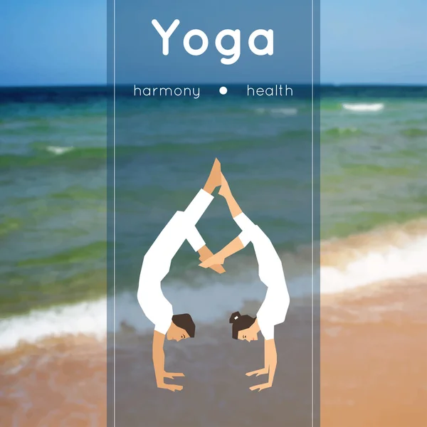 Yoga poster with couple of man and woman in the yoga pose on a blurred photo background. — ストックベクタ