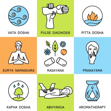 Ayurveda tasarımı için doğrusal Icons set. Ayurveda vektör çizim.