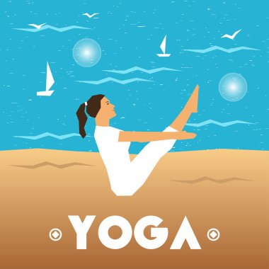 Yoga poster yoga poz deniz arka plan üzerinde bir kızla.
