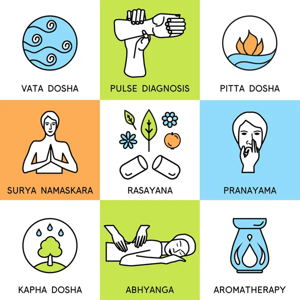 Ayurveda tasarımı için doğrusal Icons set. Ayurveda vektör çizim.
