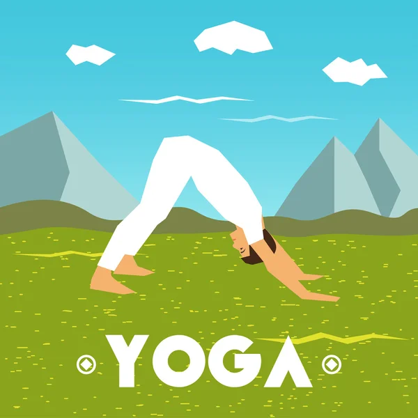 Manifesto di yoga con un uomo in posa yoga su uno sfondo naturale . — Vettoriale Stock