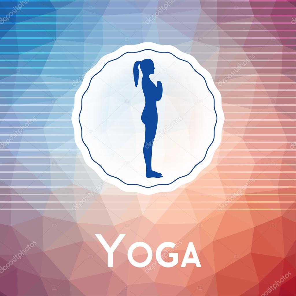 Vector yoga illustration. Name of yoga studio on a modern polygonal background. Yoga exercises for healthy lifestyle. Poster template for yoga class, fitness center, SPA. Backdrop with triangles.
