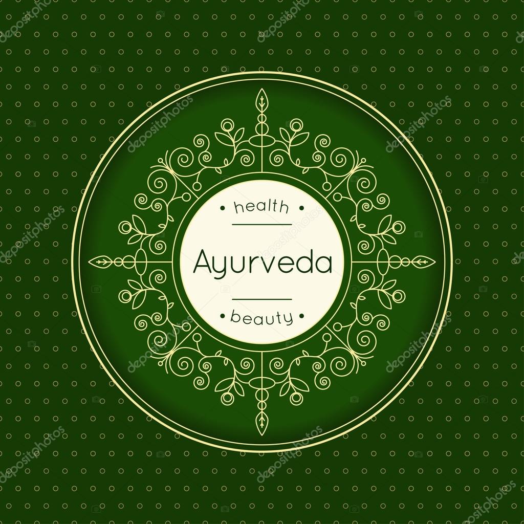 Ayurveda vector illustration. Logo template for ayurvedic clinic or center. Monogram with floral ornament for SPA, yoga studio, beauty salon. Poster design with calligraphic elements and text.