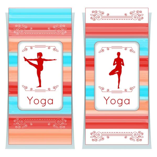 Affiches de yoga avec ornement floral et silhouette de yogi . — Image vectorielle