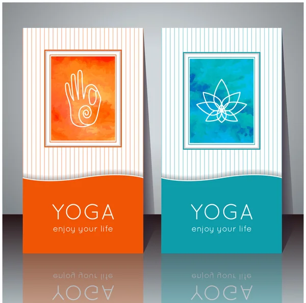 Tarjetas de yoga con textura de acuarela y símbolos de yoga . — Vector de stock