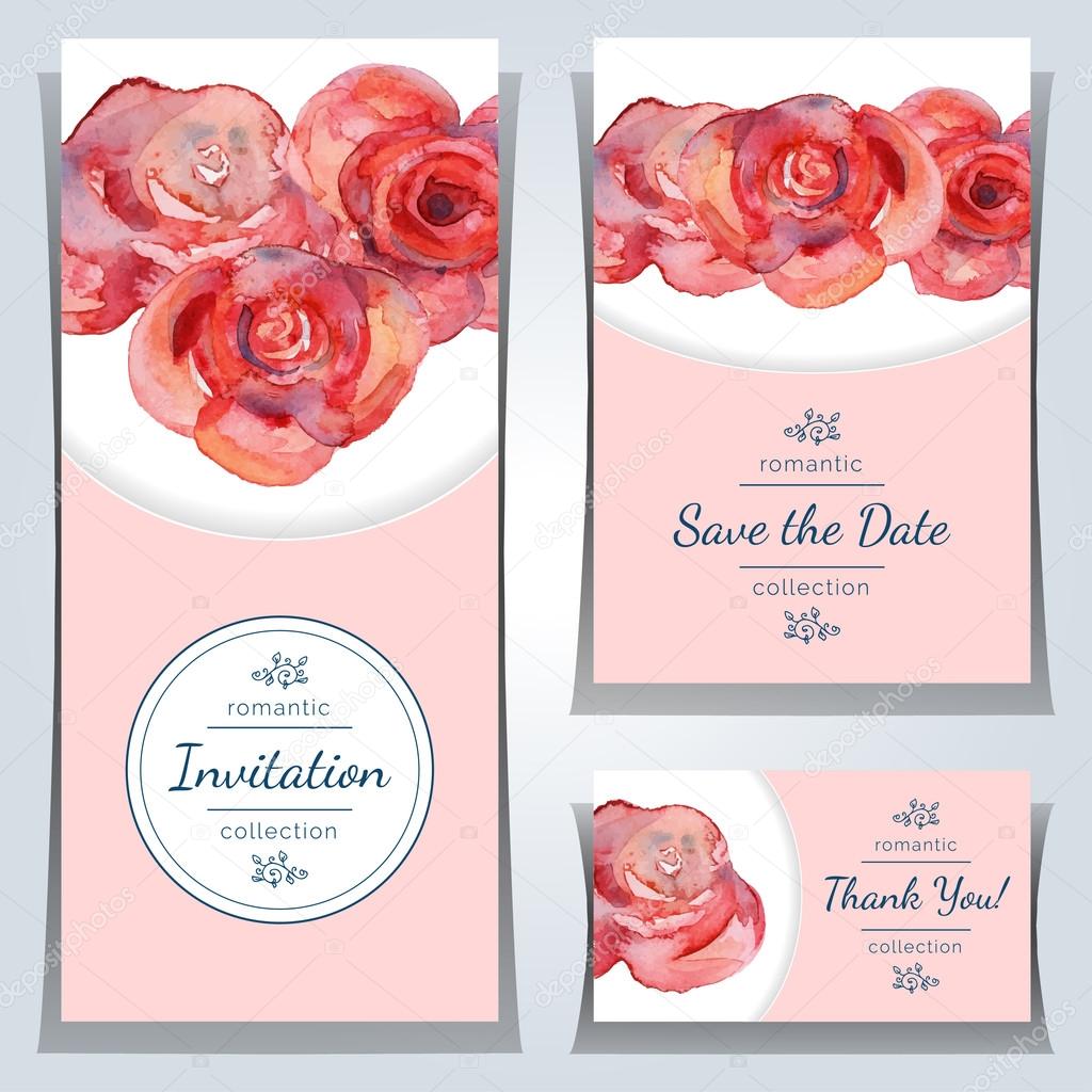 Save the date or wedding invitation templates with red roses.