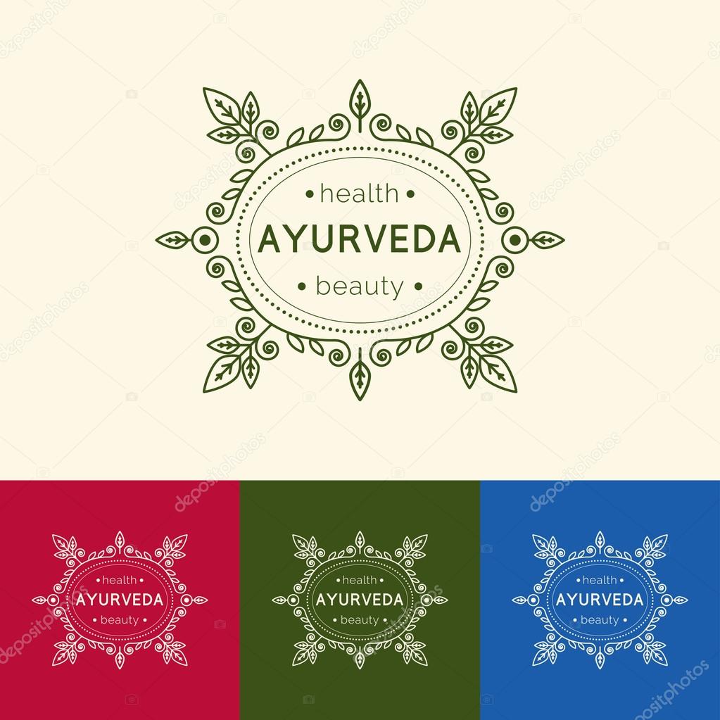 Ayurveda vector illustration. Logo template for ayurvedic clinic or center. Monogram with floral ornament for SPA, yoga studio, beauty salon. Poster design with calligraphic elements and text.