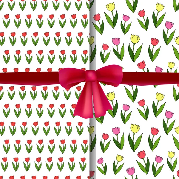 Set of vector seamless patterns with tulips and realistic red bow.