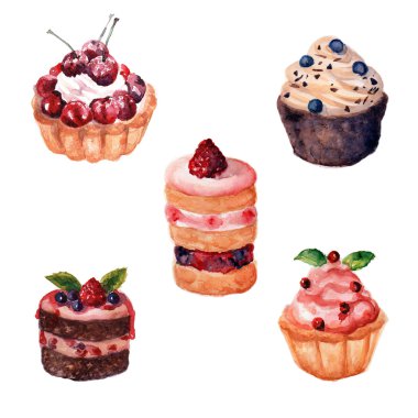 Sulu Boya doku ile elle çizilmiş kek kümesi.