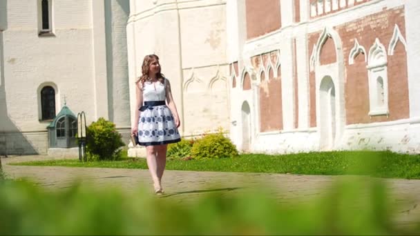 Schöne junge Frau spaziert im Sommer in einem Park — Stockvideo