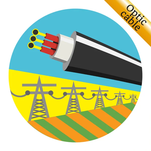 Optic cable hanging on power lines. Vector illustration — Stock Vector