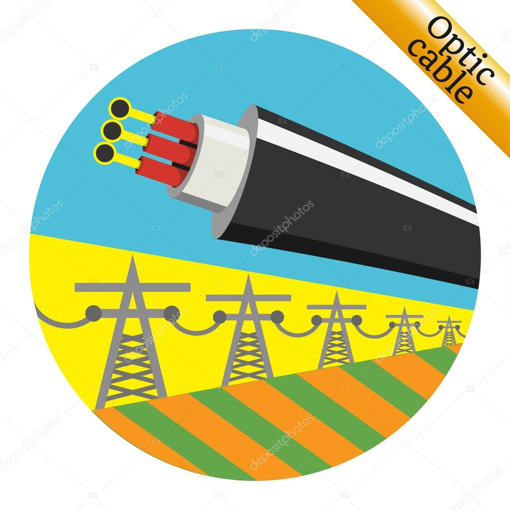 Optic cable hanging on power lines. Vector illustration