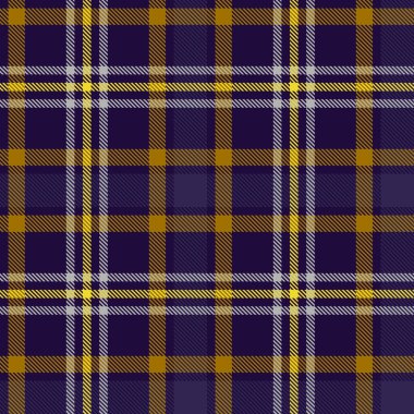 Sarı ve mor çizgili kusursuz ekose desenli. Damalı kumaş dokusu arka planı. Vektör düz resimleme.