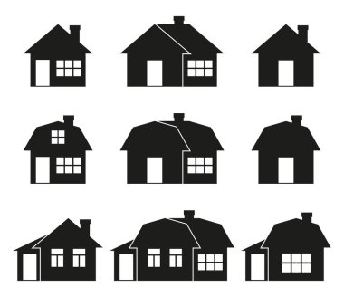 Simge Evi. Beyaz arka planda siyah bir siluet. Kapısı, penceresi ve bacası olan bir bina. Vektör koleksiyonu.