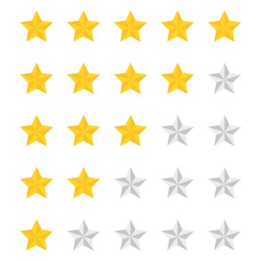 Yıldız. İkonların vektör kümesi. Beş noktalı sistemde yıldızları kullanarak derecelendirme. Beyaz arkaplanda altın ve gümüş yıldızlar.