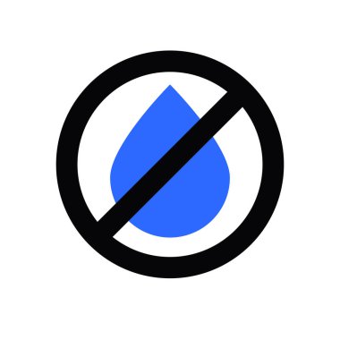 Su yok, ıslak değil. Tabela yasağının altında mavi damla var. Düz simge, vektör illüstrasyonu.