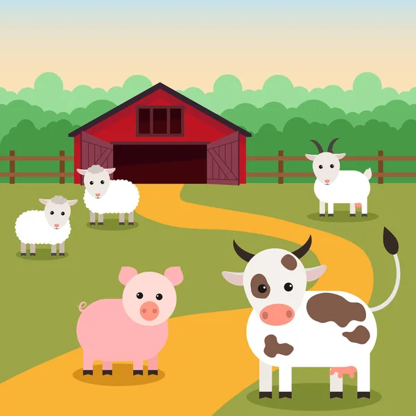 Pecuária Pastando Perto Fazenda Porco Vaca Cabra Ovelha Ilustração Vetorial — Vetor de Stock