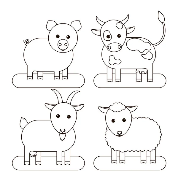 Conception Coloriage Pour Enfants Bétail Vache Porc Chèvre Mouton Illustration — Image vectorielle