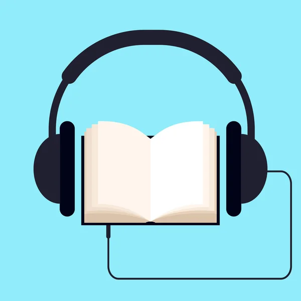 Ikona Audiobooka Otwórz Książkę Słuchawki Wektor Płaska Ilustracja — Wektor stockowy