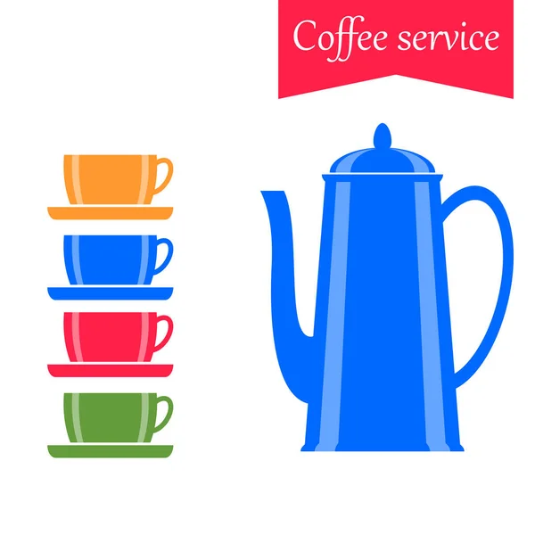 Kahve Seti Kahve Demliği Fincanlar Vektör Düz Çizim Renkli Yemekler — Stok Vektör