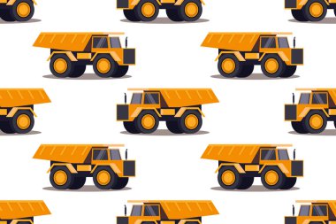 Beyaz arka planda sarı kamyonu olan kusursuz bir desen. Çöp kamyonu, endüstriyel ekipmanlar, kargo taşımacılığı. vektör illüstrasyonu.