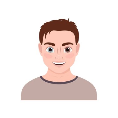 portrait, avatar of a young smiling man with eyes of different colors. vector illustration. male character with heterochromia. clipart