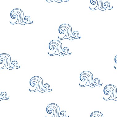 Mavi dalga, beyaz arka planda pürüzsüz desen. Vektör çizimi. Arka planda su var. Deniz, okyanus..