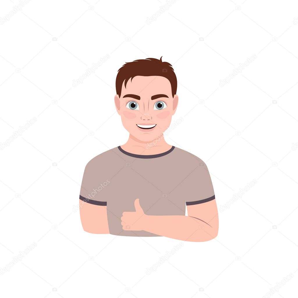 cheerful guy shows a thumbs up sign. male portrait on a white background.  vector illustration. cute cartoon character. approval, sympathy.