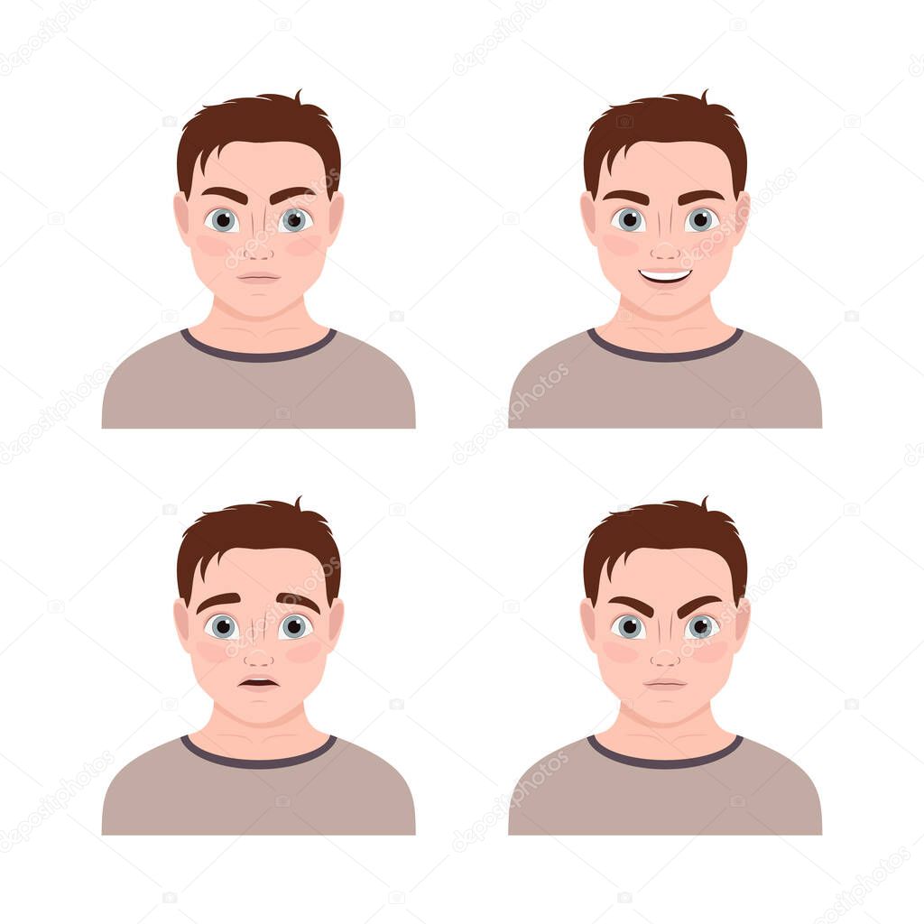 young man, collection of avatars on a white background. different male emotions. vector illustration. cute cartoon character.