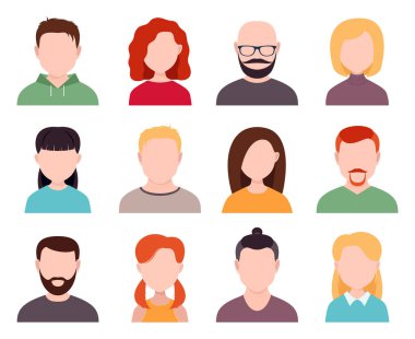 Beyaz arka planda yüzü olmayan erkek ve dişi avatarlar. Erkek ve kadın portreleri, erkek ve kız resimleri. vektör düz illüstrasyon.