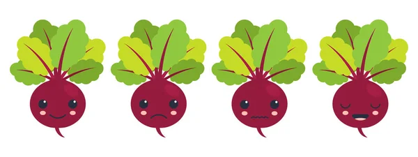 Свекла Разными Эмоциями Векторная Плоская Иллюстрация Грустный Веселый Овощ Топами — стоковый вектор