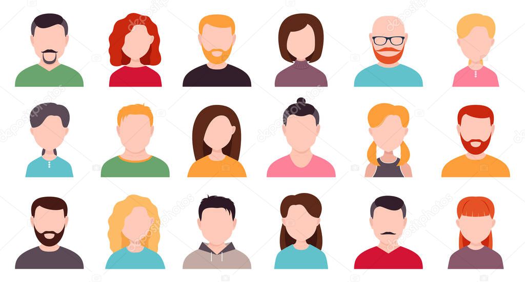 male and female avatars without a face on a white background. portraits of men and women, boys and girls. vector flat illustration.