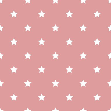 Yıldızlarla birlikte simetrik, dikişsiz soyut desen. Vektör çizimi. Pembe arka planda beyaz yıldızlar.